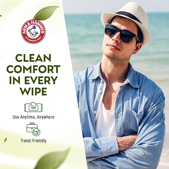Arm and Hammer Face and Body Wipes for Adults - Deodorant Towelettes 30 Wipes for Men - Shower Sheets for Traveling, Camping, Gym, and Bathing - Alcohol-Free Face Sheets (Cool Water)