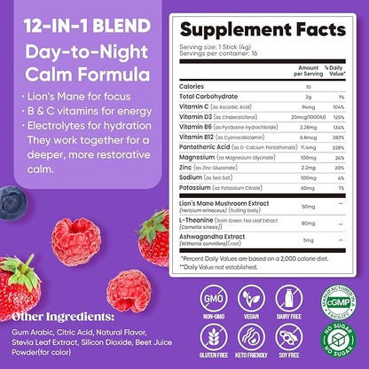 Venture Pal Calm Drink Mix, Cortisol Reducer and Sleep Aid with Magnesium Glycinate, Ashwagandha, L-Theanine,Vitamin D, Calm Magnesium Powder for Relax & Focus, No Sugar, Non GMO, Vegan & Gluten-Free