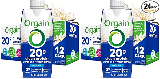 Orgain Clean Protein Shake,Grass Fed Dairy,Vanilla Bean - 20g Whey High Protein,Kosher,Ready to Drink,Low Net Carbs,Gluten Free,No Soy Ingredients,11 Fl Oz,(Pack of 24)