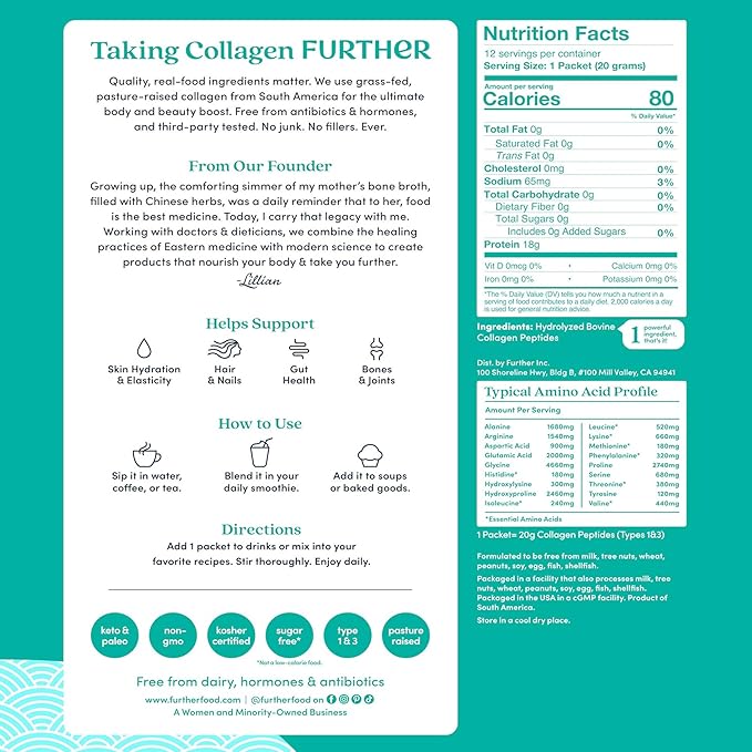 Further Food Unflavored Collagen Peptides Powder - 100% Grass-Fed, Hydrolyzed Type 1 & 3, 20g of Collagen per Serving, Supports Skin, Hair, Nails & Joints, Stick Packs 8.47 Oz