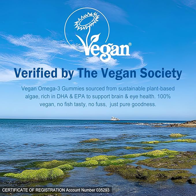 Vegan Omega-3 Gummies 1280mg + CoQ10 + Vitamin D3 K2 (MK7), Omega 3 Fish Oil Alternative for Adults w/EPA 600mg DHA 400mg & MCT Oil, No Fish Taste from Marine Algae, for Brain, Eye, Immunity, 1 Pack