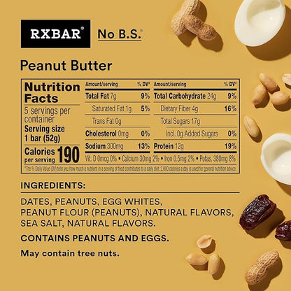 RXBAR Protein Bars, 12g Protein, Gluten Free Snacks, Peanut Butter (6 Boxes, 30 Bars)