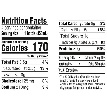 Oikos Protein Shake, Vanilla, 30g High Protein Drinks, Shelf Stable, Ready to Drink, 5g Prebiotic Fiber, 12 fl oz Bottle, 4 Count