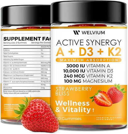 Vitamin D3 K2 Gummies 10000 IU with Magnesium Glycinate, Calcium, B12, K2 MK-7, Vitamins A, E, Lutein, Zeaxanthin - ADK Chewable Supplement for Bone, Eye, Immune Support - D3K2 Gummies
