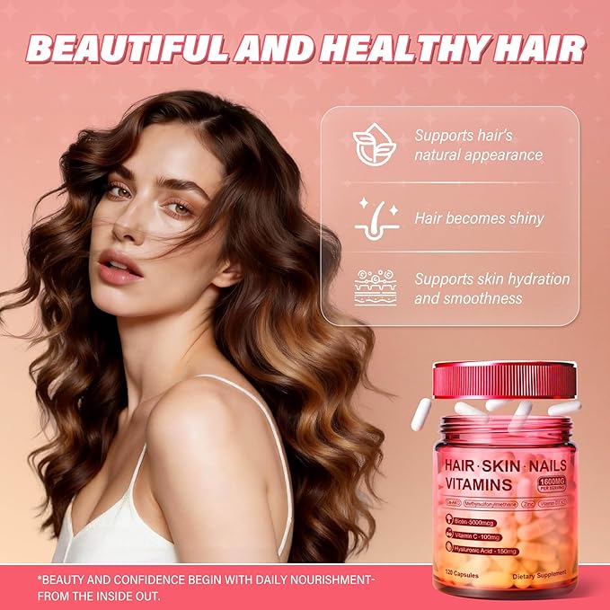 Hair Skin and Nails Vitamins – Biotin, Hyaluronic Acid, Calcium AKG, Vitamin C & Vitamin D3 K2 – Support Healthy Hair Growth, Strong Nails & Radiant Skin - 120 Capsules (1 Pack)