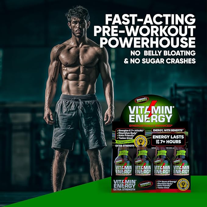 Vitamin Energy Workout+ Extra Strength Energy Shot Sour Apple 10 Pack, 260mg Natural Caffeine, Pre-Workout, B-Vitamins, Minerals, Endurance & Performance, Zero Sugar, Gluten-Free, Vegan, 1.93 fl oz