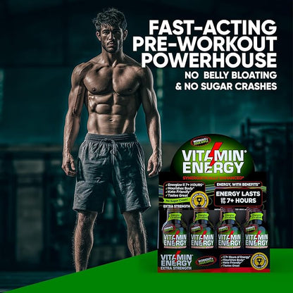 Vitamin Energy Workout+ Extra Strength Energy Shot Sour Apple 10 Pack, 260mg Natural Caffeine, Pre-Workout, B-Vitamins, Minerals, Endurance & Performance, Zero Sugar, Gluten-Free, Vegan, 1.93 fl oz