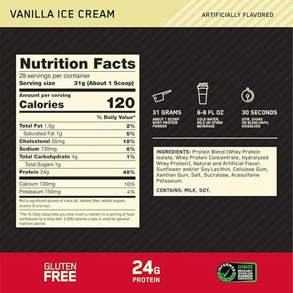 Optimum Nutrition Gold Standard 100% Whey Protein Powder, Vanilla Ice Cream, 2 Pound (Packaging May Vary) (Pack of 6)