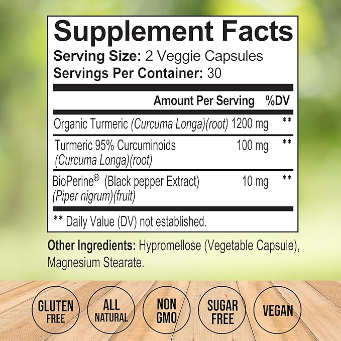 Organic Turmeric Curcumin Supplement Capsules – Made in USA – Extra Strength with BioPerine and 95% Curcuminoids for Joint Health and Healthy Inflammation Support – 60 Vegan Pills