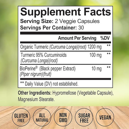Organic Turmeric Curcumin Supplement Capsules – Made in USA – Extra Strength with BioPerine and 95% Curcuminoids for Joint Health and Healthy Inflammation Support – 60 Vegan Pills