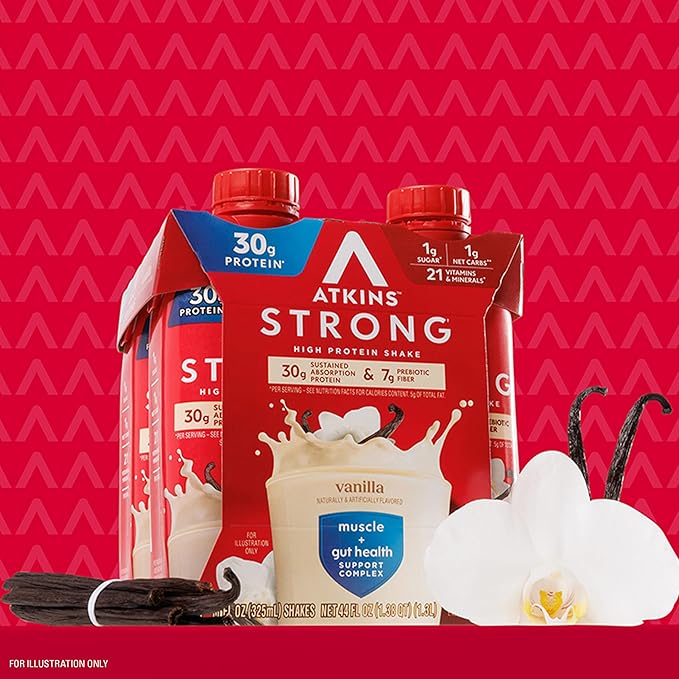 Atkins Strong High Protein Shake,Vanilla Flavored,30g Protein,Low Carb and Low Sugar Shake,Keto Friendly,Gluten Free,Muscle and Gut Health Support Complex,(Pack of 24)