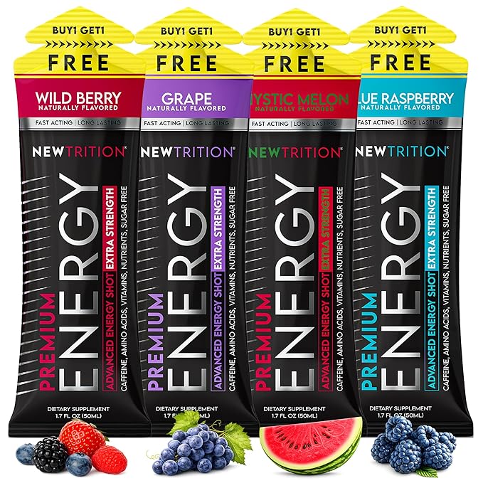 NewTrition® Extra Strength Energy Shots 1.7 fl oz - 250mg Caffeine with B Vitamins & Amino Acids, Sugar-Free Zero Calorie Vitamin Energy Drink for Focus & Endurance (Pack of 24, Mixed 1)