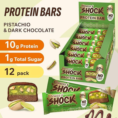 Fitness SHOCK Pistachio Chocolate Protein Bars - No Added Sugar, Low Calorie Low Carb Snack - 10g Protein, 0g Added Sugar, 180 Kcal, 15g Net Carbs, 8g Fat - 12 x 50g