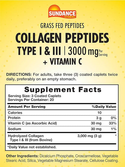 Sundance Collagen Peptides Pills | 3000mg | Type I & II with Vitamin C | 60 Count | Non-GMO & Gluten Free Supplement
