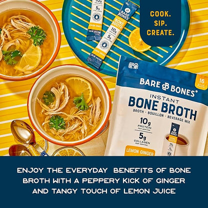 Bare Bones Lemon Ginger Bone Broth Instant Powdered Mix Packets | 5g Collagen | 10g Protein | Keto & Paleo Friendly | No Artificial Flavors | Rich Savory on-the-go 16 Pack