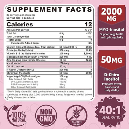 Myo-Inositol & D-Chiro Inositol Gummies Sugar Free, Ideal 40:1 Ratio Inositol Supplement for Women w/ Vegan Omega-3, D3, Magnesium, Methyl Folate, B12, Inositol Multivitamin for Women's Overall Health