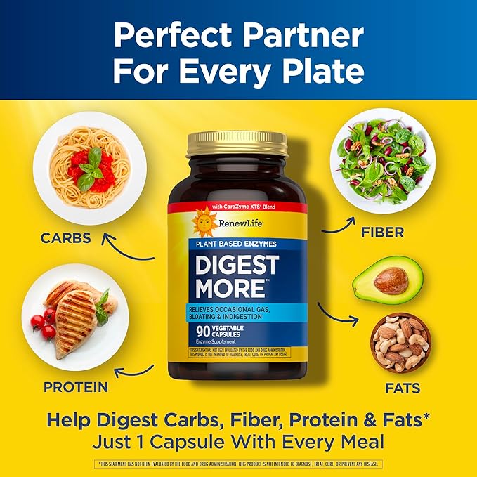 Renew Life DigestMore Digestive Enzymes | 90 Vegetable Capsules | Plant Based Enzymes | Relieves Occasional Gas, Bloating & Indigestion | Dairy, Soy, and Gluten-Free Supplement