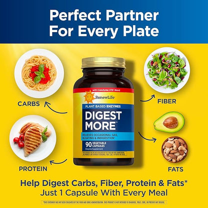 Renew Life DigestMore Digestive Enzymes | 90 Vegetable Capsules | Plant Based Enzymes | Relieves Occasional Gas, Bloating & Indigestion | Dairy, Soy, and Gluten-Free Supplement