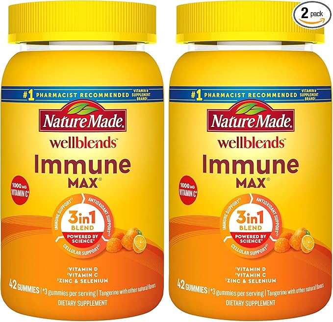 Nature Made Wellblends ImmuneMAX Gummies,Vitamin C,Zinc,and Vitamin D3,Immune Support Supplement,42 Tangerine Flavor Gummies,(Pack of 2)