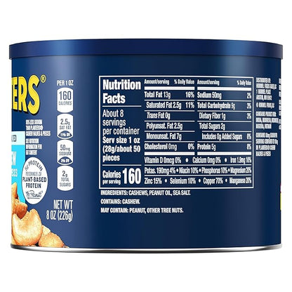 PLANTERS Lightly Salted Cashews, Cashew Halves & Pieces, Plant-Based Protein, 8 Oz Canister, Great Party Snack (Pack of 2)