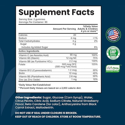 Vitamin B Complex Gummies for Adults, B Complex Vitamin Supplement for Women and Men, B Vitamins Complex Gummies for Energy and Brain Health, Natural Strawberry Flavor, 180 Count