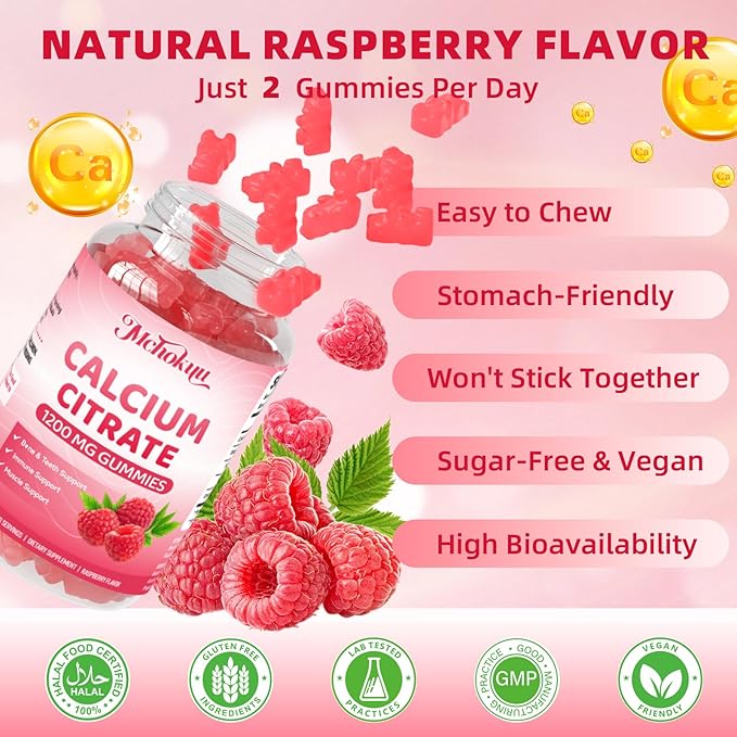 Calcium Citrate Gummies 1200mg Chewable Calcium Supplement for Women & Men, Supports Bone, Muscle & Immune Health, Sugar-Free, Non-GMO, Gluten-Free, Natural Raspberry Flavor, 120 Count