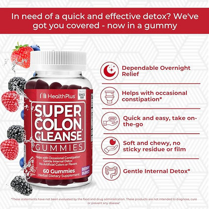 Health Plus Super Colon Cleanse Gummies Dietary Supplement, Gentle Overnight Relief from Occasional Constipation, Natural Senna Leaf Extract, Mixed Berry Flavor, 60 Count, 15 Day Cleanse