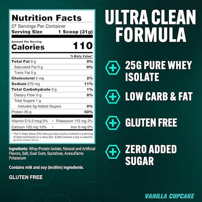 PEScience Isolate Whey Protein Powder, Vanilla Cupcake, 27 Servings, 100% Whey Protein Isolate, Low Carb, Fast Absorbing Post Workout Shake for Men and Women