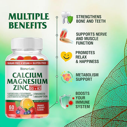BionerLab Calcium Magnesium Zinc Gummies with Vitamin D3 & K2 - High Potency Enhanced Absorption - Orange and Berry Flavored