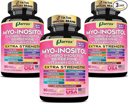 Myo-Inositol Supplement with D-Chiro Inositol, DIM, Berberine, Vitamin D3 + K2, Methylated B12, Chromium, Ceylon Cinnamon, Zinc, Ashwagandha, Chasteberry, Magnesium, Bioperine, Bitter Melon (3 Pack)