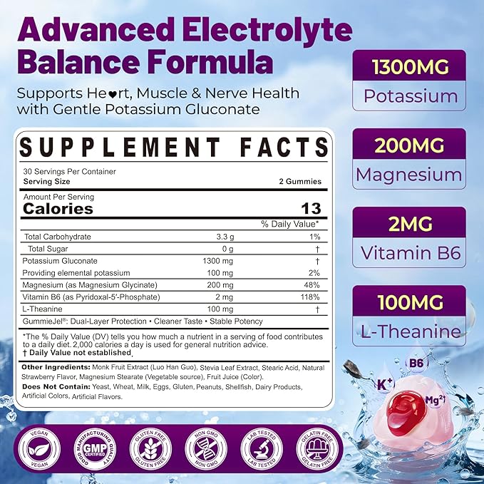 NEVISS Potassium Gluconate + Magnesium Glycinate Gummies w/ B6 & L-Theanine for Muscle Cramp & Leg Cramp Relief | Sugar-Free Electrolyte Supplement for Energy, Hydration & Calm Relax | Vegan, 60Cts