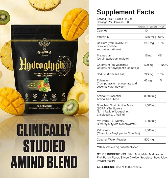 Ambrosia Hydroglyph Fasting Electrolytes Powder | Hydration Drink Mix with Amino Acids | Sugar Free Electrolyte Powder for Fasting & Intra Workout | 30 Servings, Fruit Punch