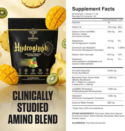 Ambrosia Hydroglyph Fasting Electrolytes Powder | Hydration Drink Mix with Amino Acids | Sugar Free Electrolyte Powder for Fasting & Intra Workout | 30 Servings, Fruit Punch