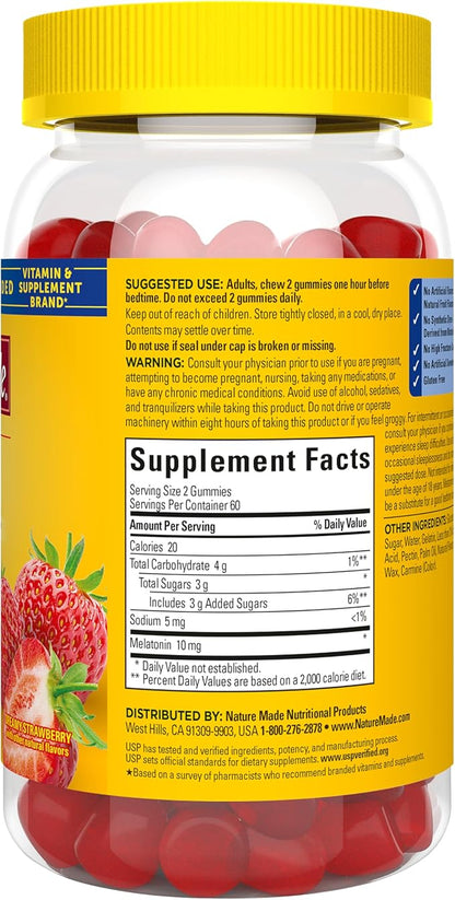 Nature Made Melatonin 10 mg per serving Gummies, Sleep Gummies for Adults Maximum Strength Dosage, 100% Drug Free Sleep Aid, 120 Count, 60 Day Supply