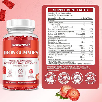 Iron Gummies for Women & Kids - Iron Supplement Gummies with Multivitamin for Blood Builder, Energy, Iron Deficiency & Anemia - Sugar Free Vegan Strawberry 60 ct