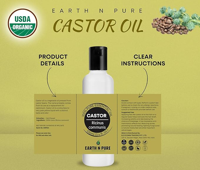 Earth N Pure Castor Oil (Arandi Oil) Cold Pressed, Natural, Therapeutic Grade for Hair Growth, Nails, Eyelash Pack of 2 | 100 ml