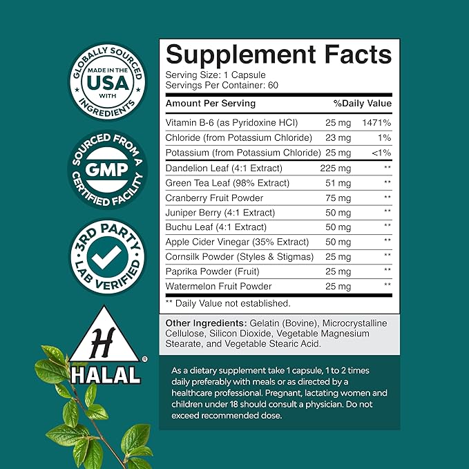 Water Away Herbal Diuretic Pills High Strength - Fluid Retention Supplement with Dandelion Leaf Extract & Green Tea for Bloating Relief for Women & Men - Capsules for Leg & Feet Swelling - 60 Count