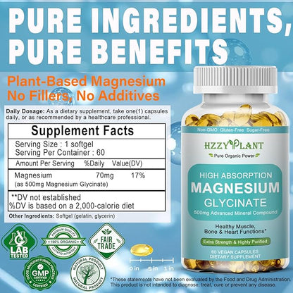 Magnesium Glycinate 500mg Softgels, High Absorption Magnesium Supplement Softgel Capsules for Muscle, Heart, Sleep & Bone Support, Stress Relief, Nerve Health & Metabolism, Non-GMO, 2 Month Supply