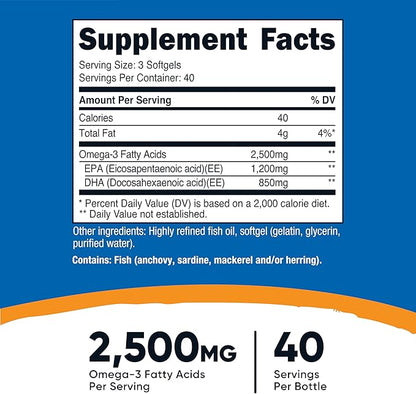 Nutricost Omega 3 Fish Oil - 2500MG, 120 Softgels (40 Serv) - Fish Oil, Wild Caught! 1200mg EPA 850mg DHA - Non-GMO, Gluten Free