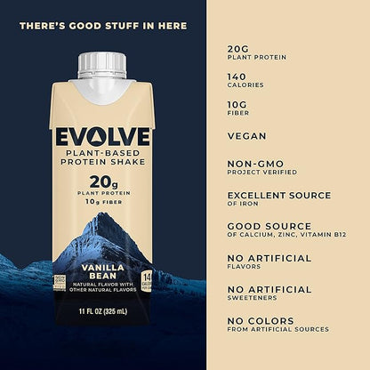 Evolve Plant Based Protein Shake,Vanilla Bean,20g Vegan Protein,Dairy Free,No Artificial Sweeteners,Non-GMO,10g Fiber,11 Fl Oz (Formula May Vary),(Pack of 24)