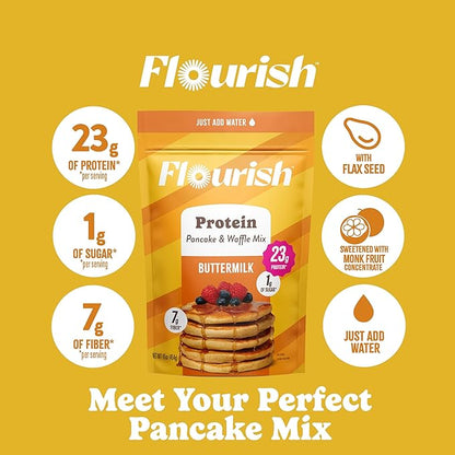 Flourish Protein Pancake & Waffle Mix, with Whey Protein & Flax Seed, No Added Sugar, High in Protein & Fiber - Just Add Water - Buttermilk Flavour, 430g (3 Pack) - Made in Canada