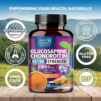 Glucosamine Chondroitin MSM Complex - 3X Strength Joint Support Supplement with Glucosamine Sulfate, Turmeric, Boswellia - For Cartilage, Mobility & Flexibility - Bottled in USA, 60 Capsules