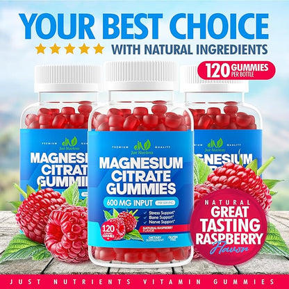 Magnesium Citrate 600mg Gummies (120 Count) - Maximum Strength, Supports Calm, Bone, Heart & Nerve Health - Gluten-Free, Non-GMO, Vegetarian, Great Tasting Raspberry Flavor - 60 Servings