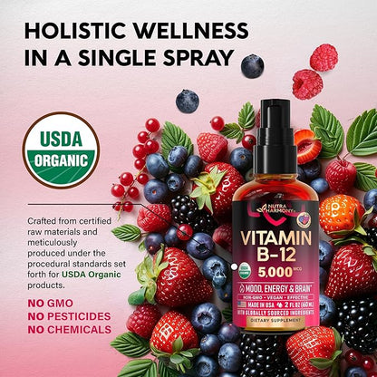 USDA Organic Vitamin B12 Sublingual Spray - 5000 mcg Liquid Vegan Methylcobalamin for Women & Men - Energy Boost, Focus & Mood, Brain Health Support - Maximize Absorption - 2 Month Supply, 2 fl oz