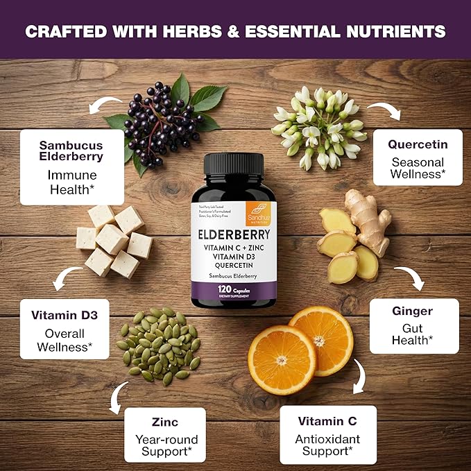 Elderberry Vitamin C and Zinc Capsules for Adults | 360 Count with Quercetin & Vitamin D3 | 6-in-1 Immune Support Supplement Pills | Sambucus Black Elderberry Natural Immunity Vitamins | Made in USA