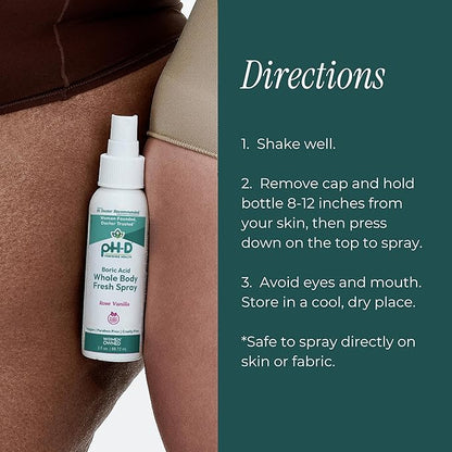 pH-D Feminine Health Support - Boric Acid Body Fresh Spray - Vegan, Paraben-Free, Plant Based - Rose Vanilla Scented - 3oz