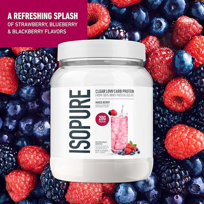 Isopure Clear Whey Isolate Mixed Berry Protein Powder 16 Servings + 1 Bottle of Clear Protein Water with Electrolytes, 15g Whey Protein Isolate, Zero Sugar, Mixed Berry, 20 fl oz Bottle