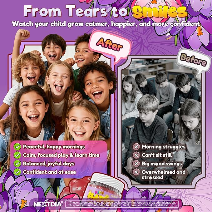 Happy Saffron Gummies for Kids Teen, Organic Saffron + Magnesium Glycinate Supplement with Probiotics, L-Theanine, Chamomile, D3, B6, B12 for Children's Focus & Mood, Calm, Sleep, Sugar Free, 120 Cts