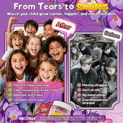 Happy Saffron Gummies for Kids Teen, Organic Saffron + Magnesium Glycinate Supplement with Probiotics, L-Theanine, Chamomile, D3, B6, B12 for Children's Focus & Mood, Calm, Sleep, Sugar Free, 120 Cts