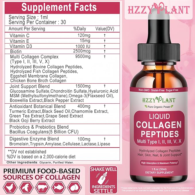 Liquid Collagen Peptides - Multi Collagen for Women Type I, II, III, V, X with Glucosamine, MSM, Hyaluronic Acid, High Absorption Hydrolyzed Collagen Peptides Drops for Skin Hair Nail & Joint, Non-GMO